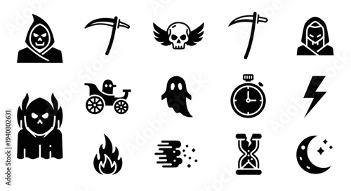 Black icons depicting various supernatural and mystical elements like reapers, spirits, and symbols on a plain background viewed from a straightforward perspective