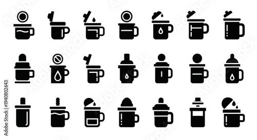 Collection of Coffee Cup Icons in Various Designs and Styles on a Plain Background