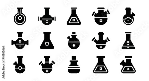 Collection of Laboratory Equipment Icons Featuring Flasks and Beakers from a Direct Viewpoint