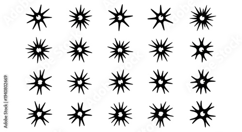 A grid of twenty black star symbols arranged in four rows and five columns on a plain white surface viewed directly from above.