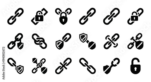 Collection of black security icons representing various safety and locking mechanisms displayed on a clean white background.