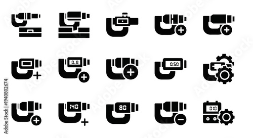 Collection of black icons representing various industrial machines and tools on a plain background