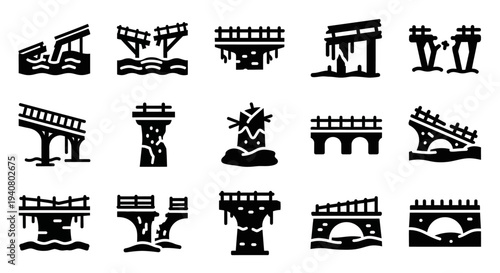 Collection of bridge silhouettes in various architectural styles and designs, showcasing different structural elements and perspectives, presented in a grid layout.