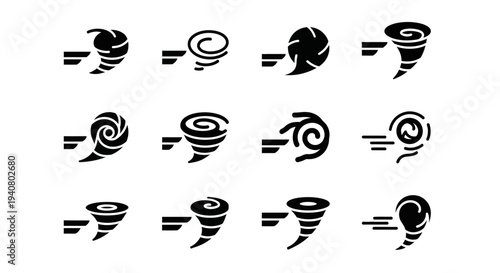 Twelve tornado icons in various styles and designs, illustrating different aspects of the natural disaster.