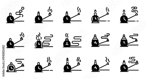 Collection of Laboratory Equipment Icons Featuring Flasks and Beakers with Various Tubes and Apparatus