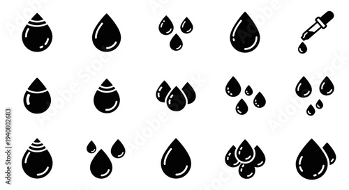 Collection of black and white droplet illustrations on a clean background from various viewpoints