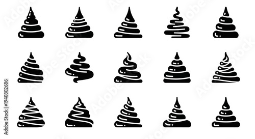 Collection of abstract black illustrations arranged in a grid pattern on a clean background viewed from directly above