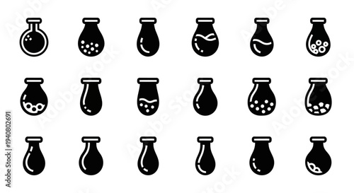 Collection of black laboratory flasks with various contents displayed on a white background