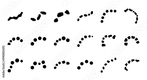 Collection of abstract black dotted and curved lines on white, illustrating various shapes and patterns