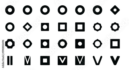 Collection of various geometric shapes including circles, squares, and triangles in different arrangements and orientations