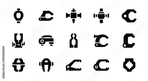 Collection of black icons representing various tools and machinery parts on a white background, viewed from a straightforward perspective