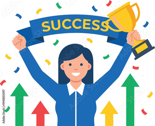 A woman celebrating success with a trophy and rising arrows in a vibrant scene