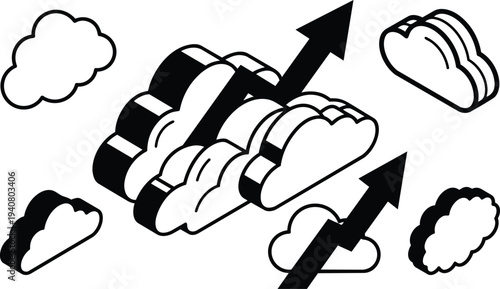 Isometric flat cloud network with upward arrows multiple stacked clouds growing trend data flow in monochrome vector business analytics illustration