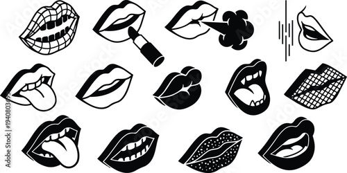 Tattoo flash bold lips icon sheet showing varied mouth expressions kissing licking smoking speaking with lipstick and open tongue smile