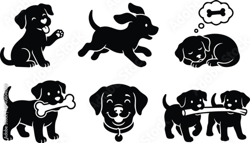 Flat silhouette vector puppy icons set showing playful sleeping chewing and running puppies carrying bone smiling face close up sitting