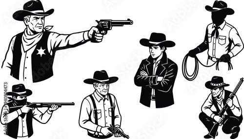 Tattoo flash western cowboys set showing six outlaw and sheriff poses with guns rope wide brim hats holsters aiming stooping