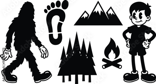 Retro cartoon vector close up boy and sasquatch silhouette walking with campfire forest mountains footprint confident pose bold shapes