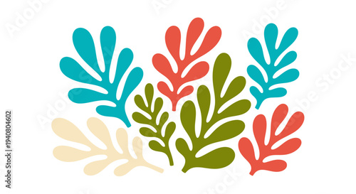 Colorful leaves arranged in a circular pattern viewed from directly above in a graphic illustration