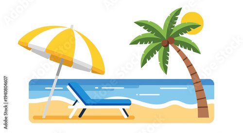 Relaxing beach scene with umbrella, chair, and palm tree viewed from a distance on a sunny day