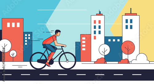 A man rides a bicycle on a road in front of buildings from a side view