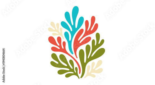Illustration of colorful leaves and branches in a stylized botanical design from a direct viewpoint