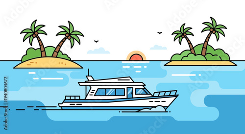 Leisure boat sailing near tropical islands with palm trees at sunset
