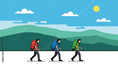 Three hikers with backpacks trekking in unison across a serene landscape under a bright sun