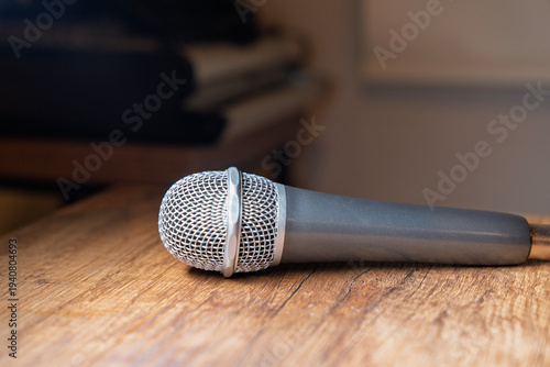 Close-up shot of the microphone on the table.