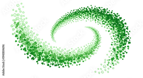 Green gradient swirl of tiny four leaf clovers on white background symbolizing luck and nature