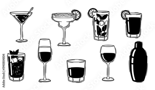 Cocktail party doodle sketch set with bar drinks and glassware