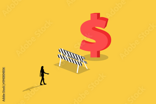 Businesswoman walking toward a giant dollar symbol behind a road barrier, representing financial obstacles, funding challenges, and capital access