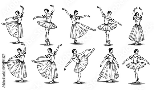 Vintage ballerina ballet dancer sketch collection theatre dance vector