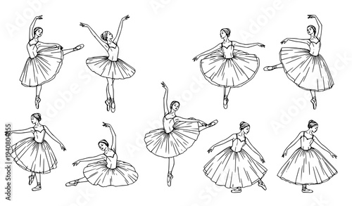 Ballerina ballet dancer sketch set with graceful ballet poses vector