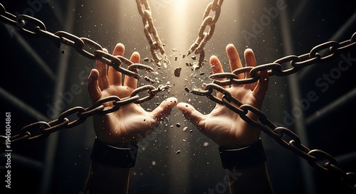 Breaking Free Hands Shaking Off Heavy Chains in Dark Room