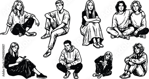 Line art sketch set of seated teenagers and young adults sitting cross legged reading chatting and looking away casual poses