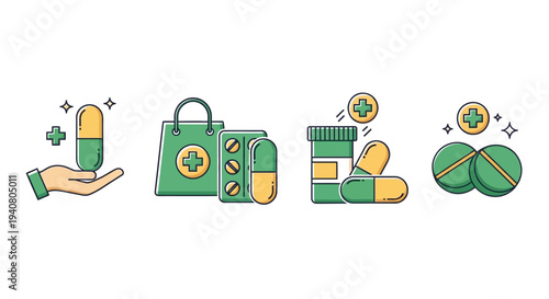 Medical supplies and medication icons displayed in a simple graphic illustration