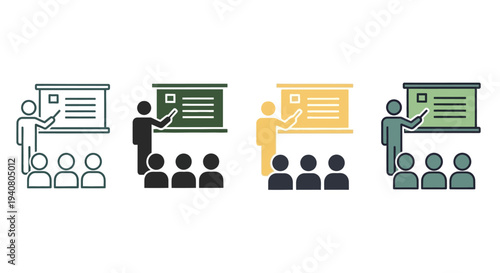 Four people presenting different colored slides to various groups of people in a collaborative environment from a straightforward viewpoint