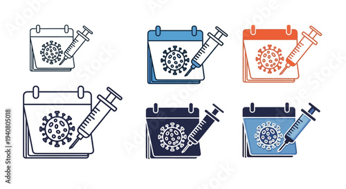 Medical icons set with vaccination theme, featuring syringes and viruses, illustrated in various colors, on a white background, from a straightforward viewpoint.
