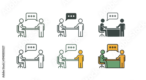 People engaging in conversations and discussions at desks, illustrated from various viewpoints