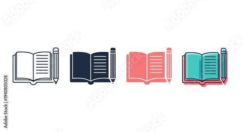 Four colorful graphic illustrations of open books with pens, symbolizing education, creativity, and learning, arranged in a row.