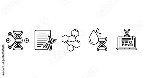 Modern icons representing science and technology concepts in a simple line art style on a clean background