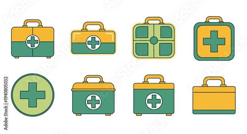 Medical kits and first aid supplies displayed in a grid arrangement