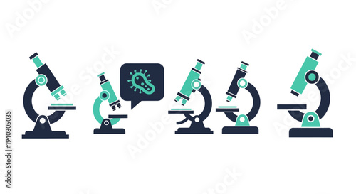 Microscopes aligned in a row on a white background, illustrating a scientific setup for research or educational purposes from a straightforward viewpoint