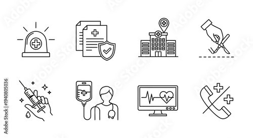 Medical Alert System Icons Illustrating Healthcare Services and Emergency Response