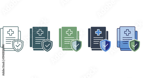 Set of medical documents and shield icons, symbolizing health and security, in different colors, on a plain white background, viewed from the front.