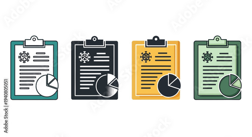 Colorful clipboards with charts and graphs displayed in a row on a clean surface from a straightforward viewpoint
