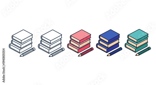 Stacks of books in different colors arranged in a row on a flat surface viewed from the side