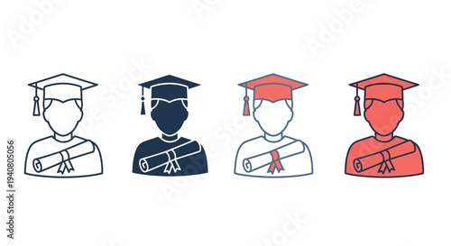 Graduation ceremony icons featuring diverse students with diplomas and caps
