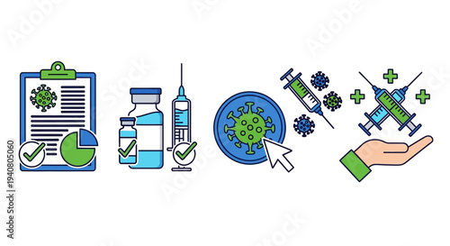 Medical icons representing healthcare and vaccination process with various elements