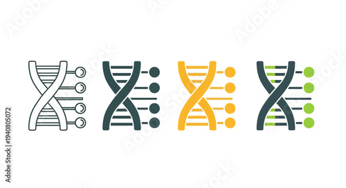Illustration of DNA double helix structures in various colors and styles representing genetic code and molecular biology concepts